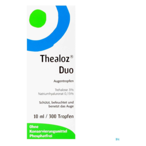 Verpackung von Thealoz Duo Augentropfen mit Informationen zu Inhaltsstoffen und Anwendung.
