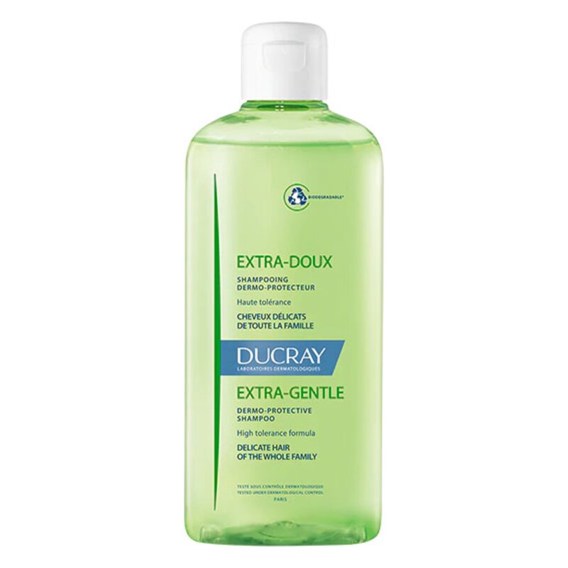 Flasche mit extra sanftem, dermato-schützendem Shampoo von Ducray, geeignet für empfindliches Haar der ganzen Familie.