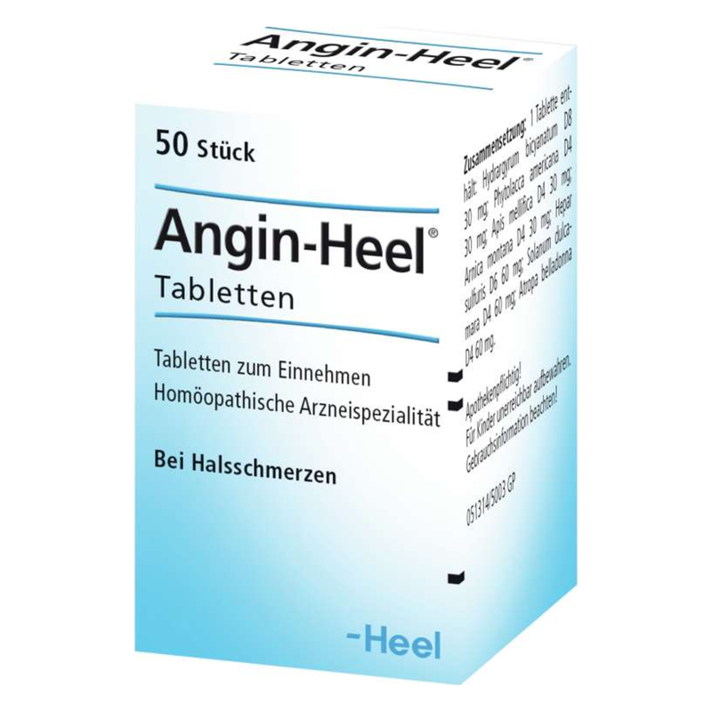 Verpackung von Angin-Heel, homöopathischen Tabletten zur Behandlung von Halsschmerzen, in blauer Box.