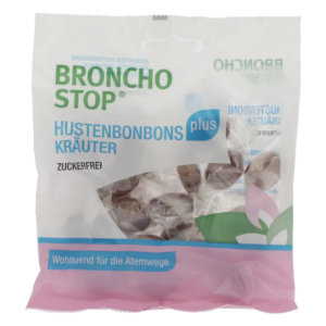 Verpackung von Broncho Stop Hustenbonbons, zuckerfrei, mit Kräutern, transparent mit dunklen Bonbons sichtbar.
