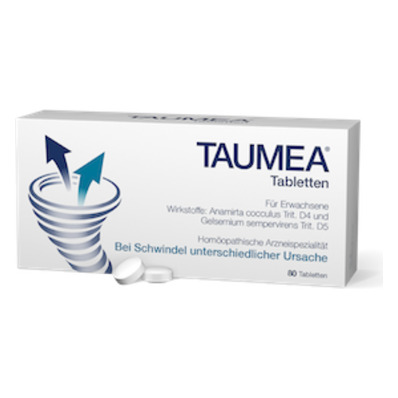 Packung TAUMEA Tabletten zur Behandlung von Schwindel, mit Hinweis auf Wirkstoffe und Anwendungsbereich.