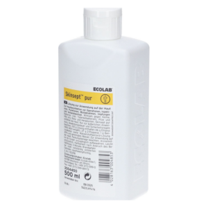 Flasche mit desinfizierender Lösung Skinsept pur von Ecolab, 500 ml, mit gelber Etikettinformation.