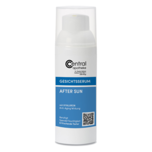 Flasche mit Gesichtsserum nach Sonnenexposition, enthält Hyaluron, zur Beruhigung und Feuchtigkeit.