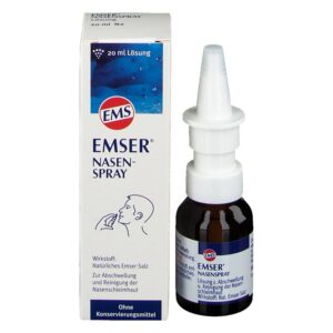 EMSER Nasenspray in einer dunklen Flasche mit Sprühkopf neben einer Verpackung, die die Verwendung von Emser Salz beschreibt.