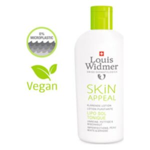 Flasche mit Klärender Lotion von Louis Widmer, vegan, mit einem Hinweis auf 0% Mikroplastik.