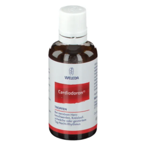 Braune Flasche mit Tropfen von Weleda, etikettiert als Cardiodoron, zur Unterstützung der Herz- und Kreislaufgesundheit.