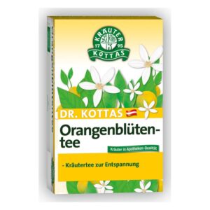 Packung mit Dr. Kottas Orangenblütentee, Pflanzenmotive und entspannende Kräutereigenschaften.