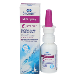 Sinomarin Mini Spray, ein natürlicher Nasenspray mit hyptonischer Meerwasserlösung in einer 30 ml Flasche, zur Linderung von Nasenverstopfung.