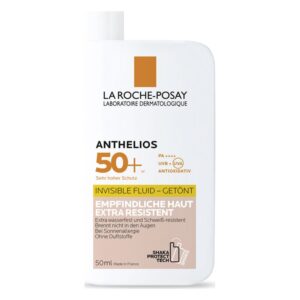 Sonnencreme Anthelios 50+ von La Roche-Posay in weißer Flasche, geeignet für empfindliche Haut, wasser- und schweißresistent.
