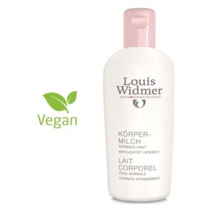 Flasche mit Körpermilch von Louis Widmer für normale Haut, vegan, mit rosa Verschluss.