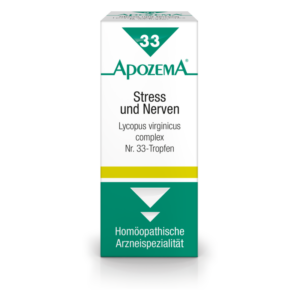 Packung mit homöopathischen Tropfen gegen Stress und Nerven, grün-weiße Gestaltung mit gelben Akzenten.