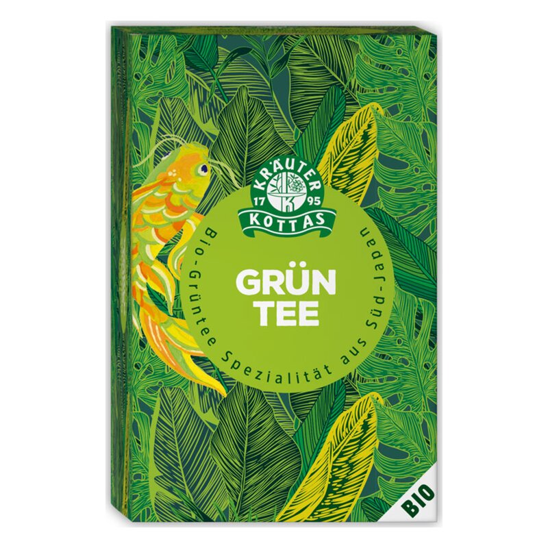 Verpackung von Bio-Grüntee, gestaltet mit Blättern und einer goldenen, stilisierten Fischgrafik auf grünem Hintergrund.