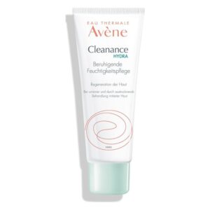 Hautpflegecreme in einer weißen Tube mit mintgrünem Deckel, beschriftet als beruhigende Feuchtigkeitspflege.