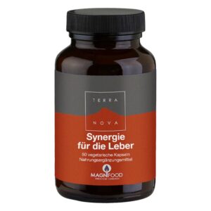 Brauner Glasflakon mit schwarzem Schraubverschluss, auf dem Etikett steht 'Synergie für die Leber' und '50 vegetarische Kapseln'.