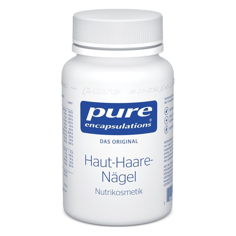Weißer Flakon mit Schraubverschluss, beschriftet mit "Haut-Haare-Nägel" von Pure Encapsulations, Nutrikosmetik.
