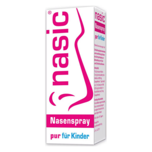 Verpackung eines Nasensprays für Kinder mit pinkem Schriftzug und einer Darstellung der Anwendung.