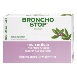Ver_packung von Broncho Stop Hustenpastillen mit Thymian, die als pflanzlicher Hustenlöser dienen.