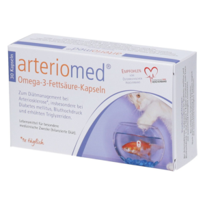 Verpackung von arteriommed Omega-3-Fettsäure-Kapseln mit Illustration einer Katze und einem Goldfisch im Glas.