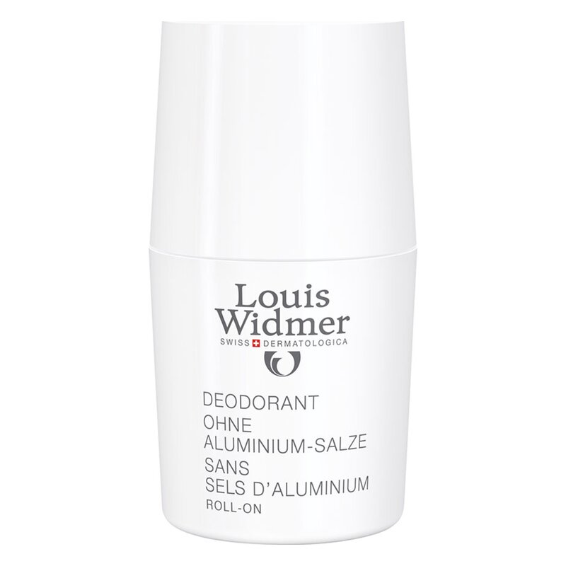 Roll-on-Deodorant ohne Aluminiumsalze in weißer Verpackung von Louis Widmer, mit klaren Inhaltsangaben.