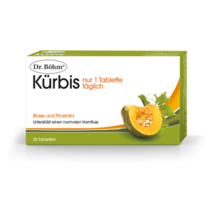 Packung mit Dr. Böhm Kürbis Tabletten zur Unterstützung von Blase und Prostata, enthält 30 Tabletten.
