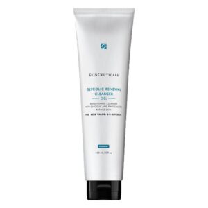 Transparente Tubeverpackung mit Glycolic Renewal Cleanser von SkinCeuticals, gelblich-weißer Gel-Inhalt.