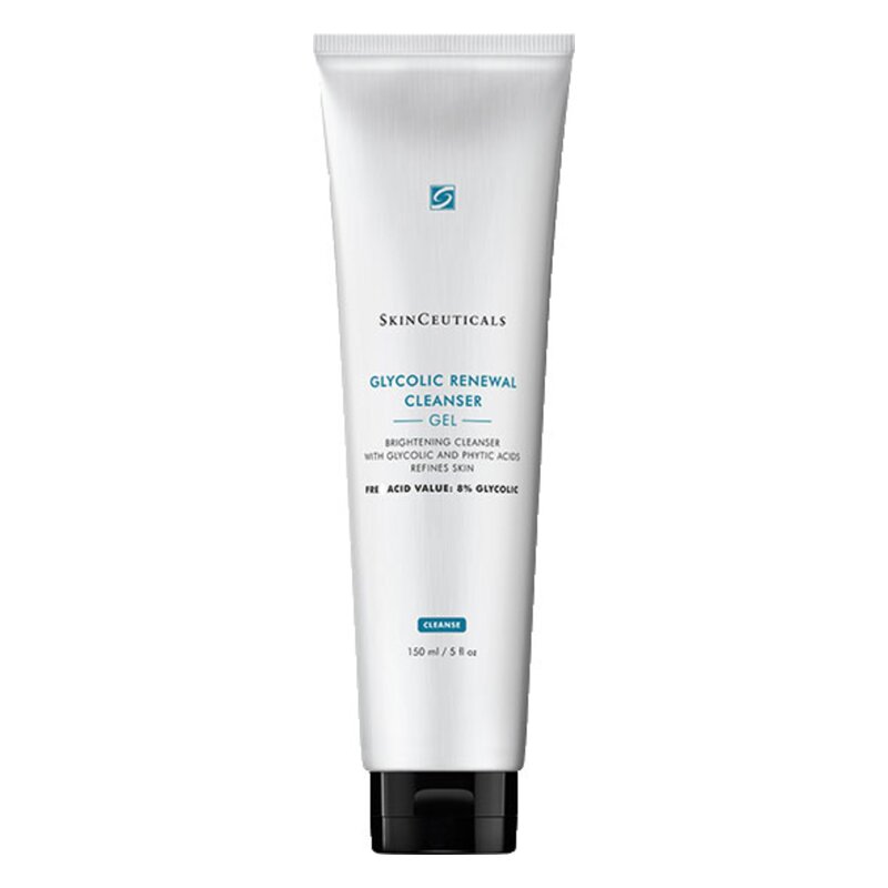 Transparente Tubeverpackung mit Glycolic Renewal Cleanser von SkinCeuticals, gelblich-weißer Gel-Inhalt.