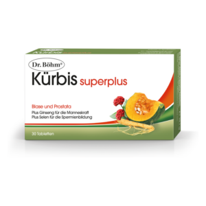Verpackung des Produkts "Dr. Böhm Kürbis superplus" mit Fokus auf Blase, Prostata und männliche Gesundheit.