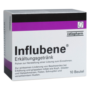 Packung mit Influbene Erkältungsgetränk, Pulver zur Herstellung einer Lösung zur Linderung von Erkältungssymptomen.