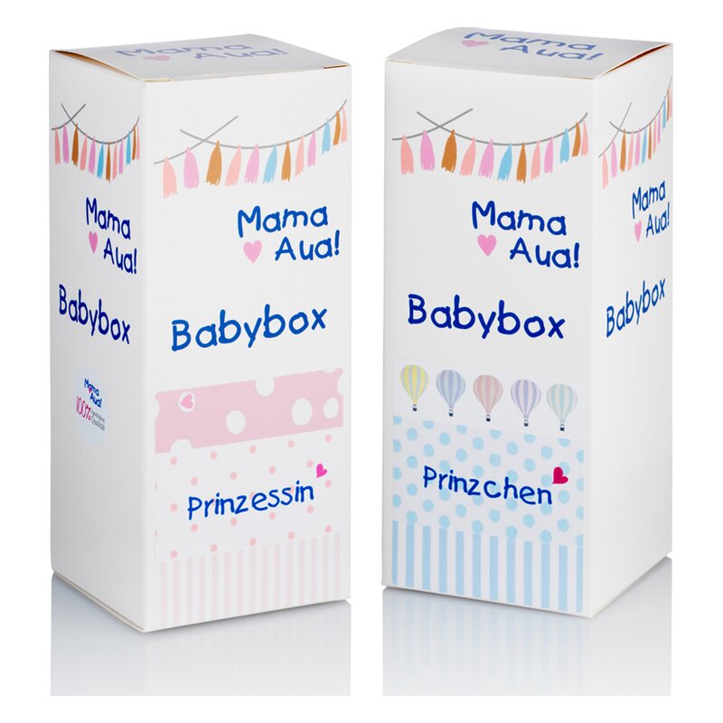 Zwei Babyboxen mit bunten, kindlichen Designs: eine in Rosa mit Punkten, die andere in Blau mit Luftballons.
