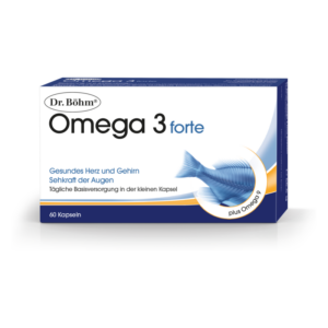 Verpackung von Dr. Böhm Omega 3 forte, 60 Kapseln für Herz, Gehirn und Sehkraft.