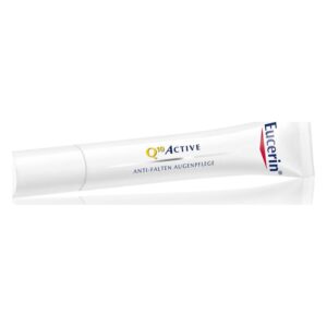 Tube mit Eucerin Q10 Active Anti-Falten Augenpflege, weiß mit blauer und gelber Schrift.