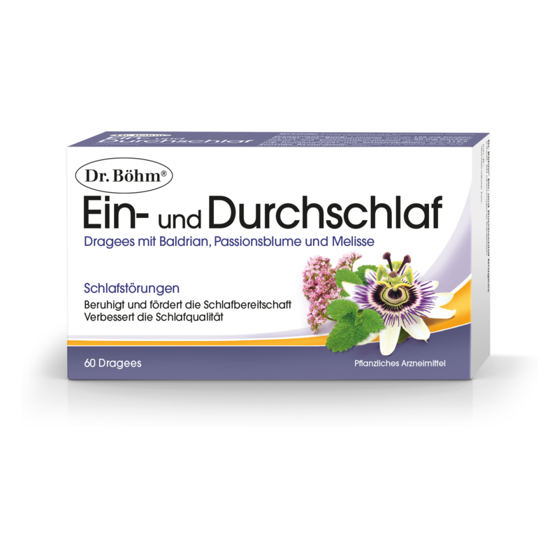 Packung mit Dragees für Schlafstörungen, enthält Baldrian, Passionsblume und Melisse in einer ansprechenden Gestaltung.