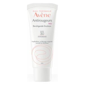 Tube mit beruhigender Emulsion von Avène für empfindliche Haut, enthält SPF 30 und Antioxidantien.