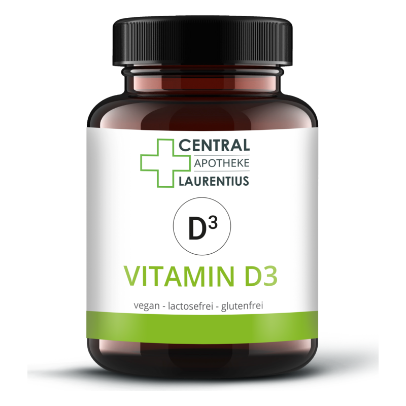 Braunes Glasgefäß mit schwarzem Deckel, etikettiert mit Vitamin D3 in veganer, laktosefreier und glutenfreier Formel.