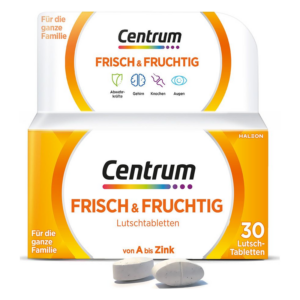 Verpackung von Centrum Frisch & Fruchtig Lutschtabletten, die für die ganze Familie gedacht sind, mit Abbildung der Tabletten.