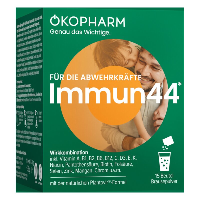 Verpackung von OKOPHARM Immun44 mit Informationen zu Inhaltsstoffen und Wirkung für die Abwehrkräfte.
