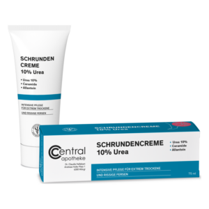 Schrundencreme mit 10% Urea, in einer Tube und einer faltbaren Verpackung, zur Pflege trockener Haut.