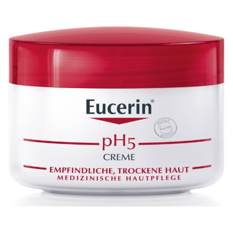 Eucerin pH5 Creme für empfindliche, trockene Haut in einem weißen Tiegel mit rotem Deckel.