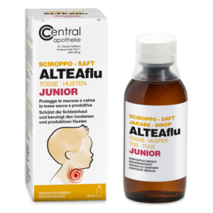 Packung und Flasche des Hustensafts ALTEAflu Junior, geeignet für Kinder zur Linderung von Husten.