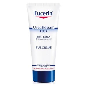 Tube mit Eucerin UreaRepair Plus Fußcreme, enthält 10% Urea und Ceramide für trockene Füße.