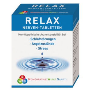 Verpackung mit Relax Nerventabletten, die bei Schlafstörungen, Angstzuständen und Stress helfen sollen.