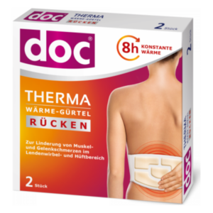 Verpackung von doc Therma Wärme-Gürtel zur Linderung von Rückenschmerzen, zeigt Anwendung auf dem Rücken