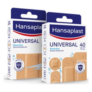 Zwei Packungen Hansaplast Universal Pflaster, wasserfest mit starker Klebkraft, zu sehen in einem hellen Design.