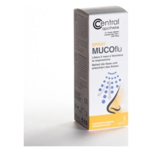 Verpackung von MUCOflu Nasenspray, das die Atmung erleichtert und die Nase befreit, in einer 30 ml Flasche.