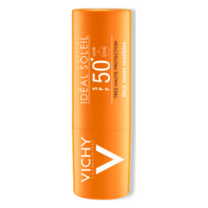 Sonnenpflege-Stick mit SPF 50 in orangefarbener Verpackung für empfindliche Hautzonen.