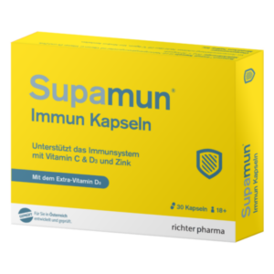 Gelbe Verpackung von Supamun Immun Kapseln, unterstützt das Immunsystem mit Vitaminen und Zink.