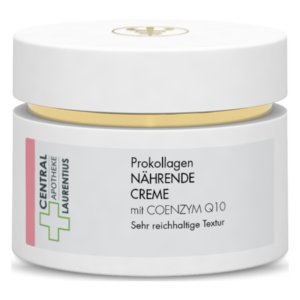 Weißer Cremetiegel mit goldenem Deckel, beschriftet mit "Prokollagen NÄHRENDE CREME mit COENZYM Q10".