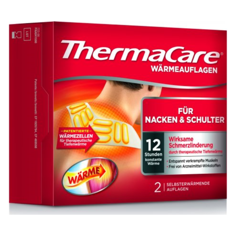 Verpackung von ThermaCare Wärmeauflagen für Nacken und Schulter, betont Wirkung und Anwendung.