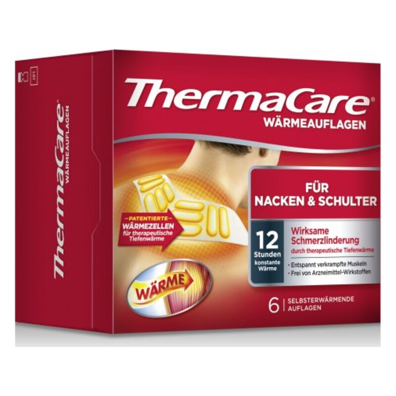 Verpackung von ThermaCare Wärmeauflagen für Nacken und Schulter mit Hinweis auf 12 Stunden konstante Wärme.