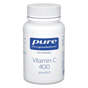 Flasche mit Vitamin C 400 von Pure Encapsulations, gepuffert, breites weißes Etikett und Schraubverschluss.